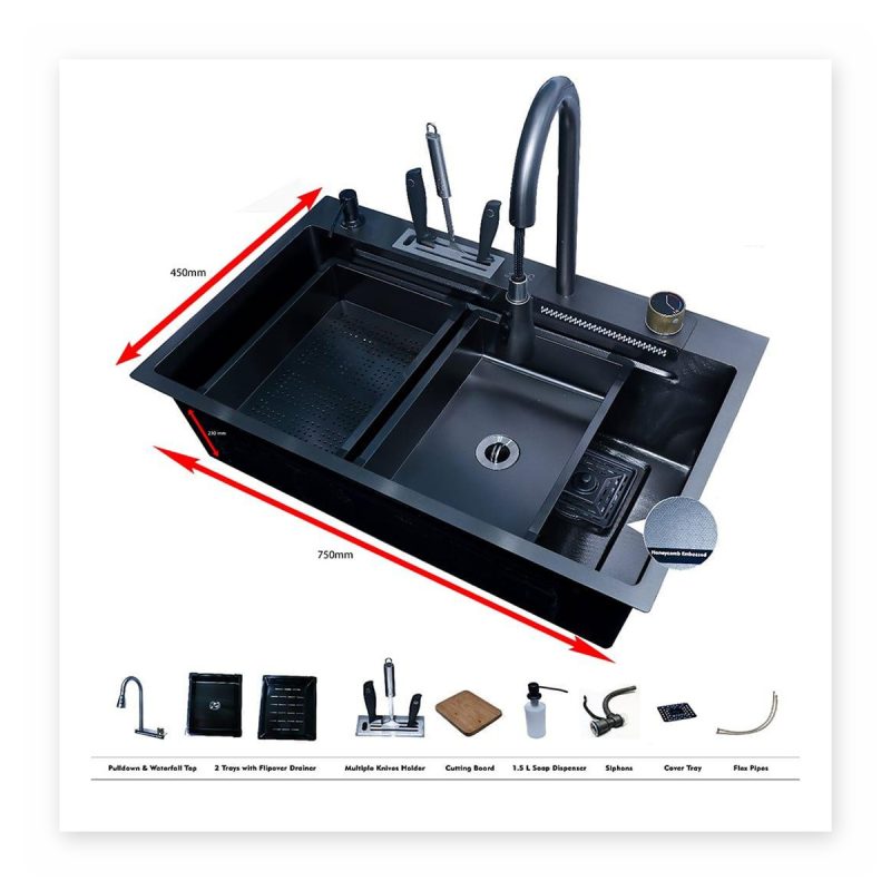 Black kitchen sink with waterfall tap